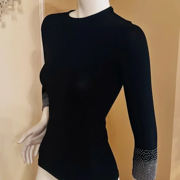 KIKIRIKI Black Long-Sleeve Crewneck Top with Crystal-Embellished Cuffs size S - Picture 8 of 15